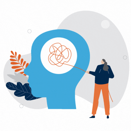 graphic of woman standing in front of large brain